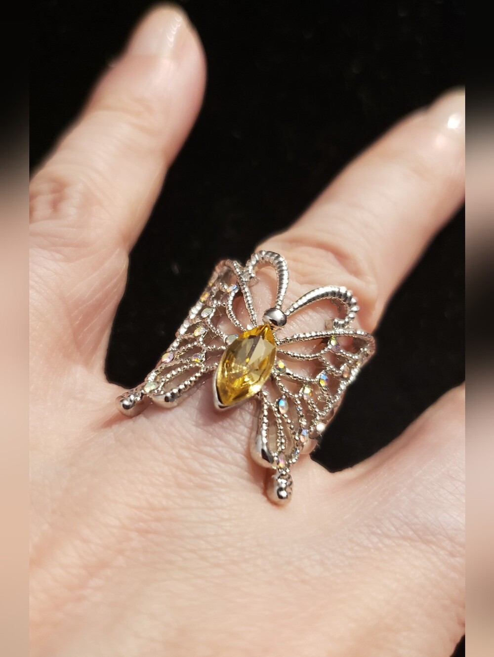 NEW Butterfly Ring Size 6, Amber Center Stone W/ Tiny Iridescent Stones, Magical